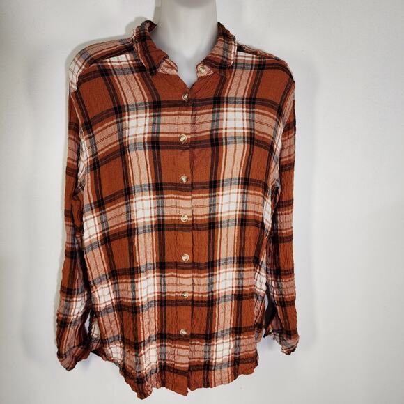 Jane and Delancey Women Shirt Plaid Button Long Tab Sleeve Orange Crinkle Medium - Picture 7 of 12